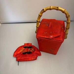 Red Silk Chinese Gift Box with Bamboo Handle&Matching Coin Purse Brocade